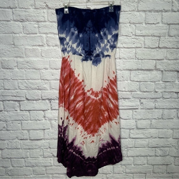 Angie Women's Tie Dye Red and Blue Strapless Long Maxi Dress - Picture 7 of 14